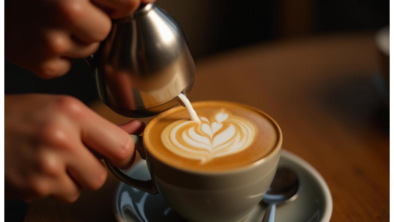 Hands carefully pouring latte art in a warm coffee cup at Harbourview Café workshops hero banner